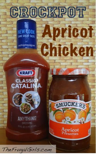 two jars of apricot chicken next to each other on a wooden table with the words crockpot apricot chicken