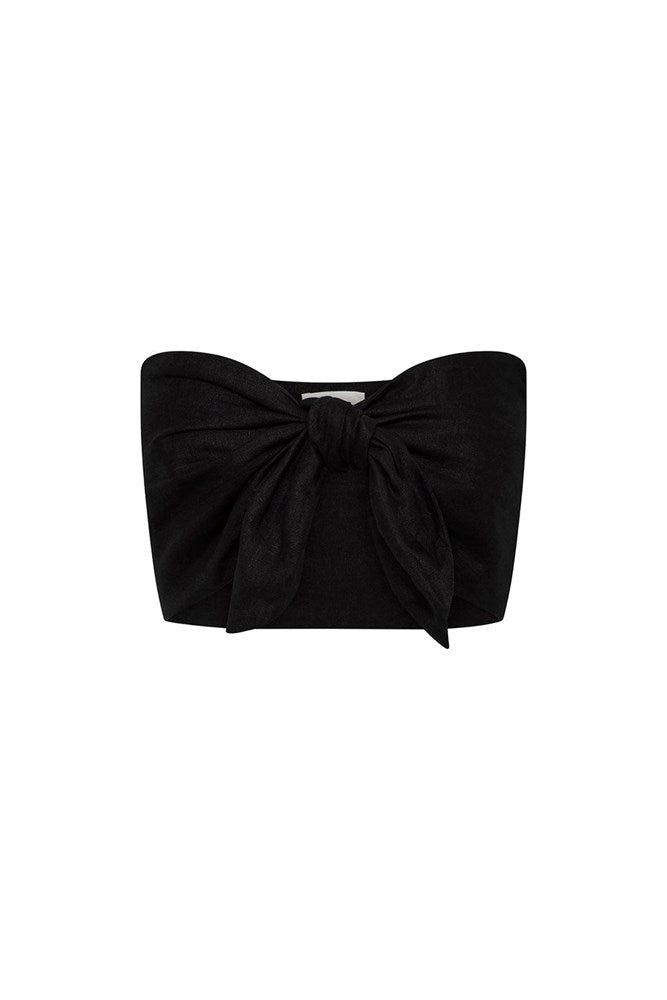 MICKY BANDEAU - BLACK – THE POSSE US Chic Evening Bandeau Tube Top, Elegant Crop Top With Bow, Bandeau Crop Top With Tie Back, Bandeau Tube Top For Evening, Chic Tied Top For Party, Fitted Strapless Tube Top With Tie Back, Elegant Bandeau Crop Top For Evening, Chic Strapless Evening Crop Top, Chic Bandeau Top For Formal Occasions