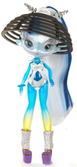 an image of a doll with blue hair and white skin wearing silver boots, holding a circular object in her hands