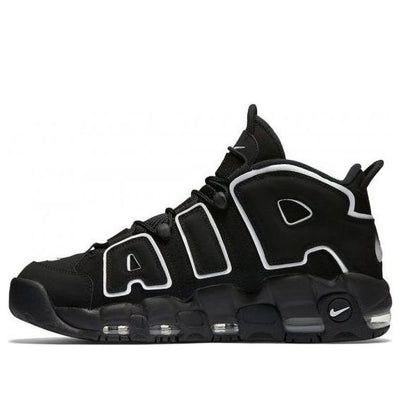 The Nike Air More Uptempo 'Black' 2016 is a stylish sneaker inspired by street graffiti culture. The bold and eye-catching design features a thick leather upper with a pair of large 'AIR' lettering on each side. The rubber sole provides superior cushioning and comfort, making it a perfect choice for any activity. The Air More Uptempo series is a classic and timeless design that has been popular since its release in 1996. The 'Black' 2016 edition is a sleek and stylish addition to the series, perfect for any occasion. (SNKR/Retro/Non-Slip/High Top/Basketball) Lace-up Logo Print Sneakers For Streetwear, Lace-up Sneakers With Logo Print For Streetwear, Black Leather Skate Shoes With Logo-print Tongue, Nike Sneakers With Logo And Round Toe, Black Custom Sneakers With Logo For Streetwear, Black Custom Logo Sneakers For Streetwear, Low-top Skate Shoes With Logo-print Tongue For Streetwear, Low-top Logo Sneakers For Streetwear, Custom Black Sneakers With Logo For Streetwear