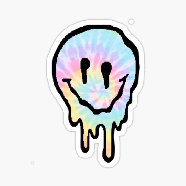 a tie dye skull sticker with two eyes and tongue sticking out from its mouth