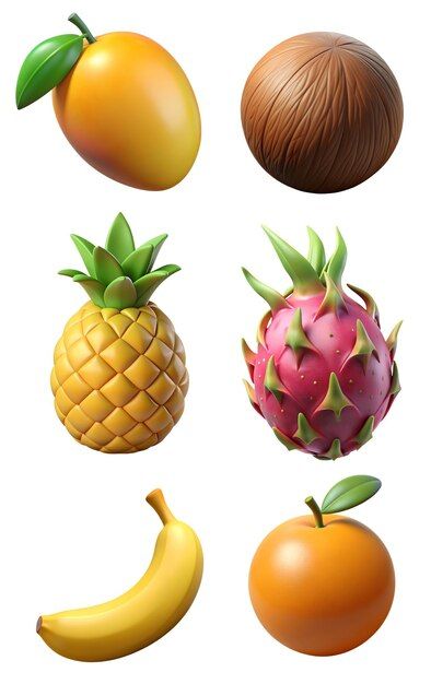 various fruits and vegetables are shown on a white background, including bananas, pineapple, peaches, oranges, and kiwi