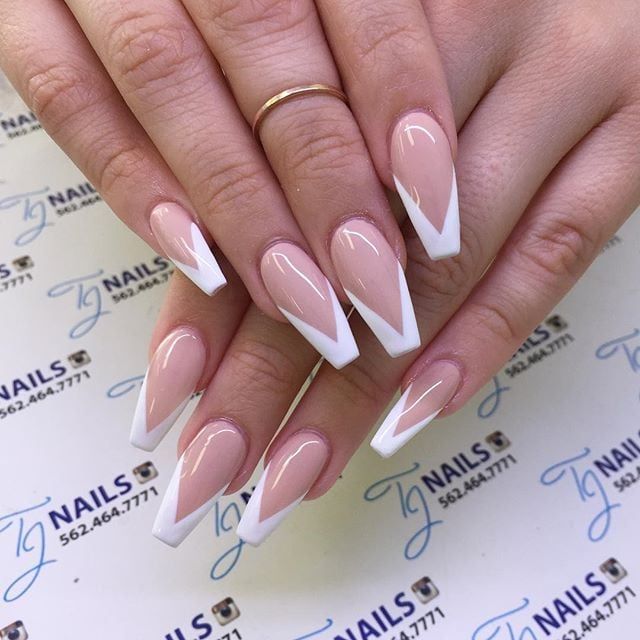 Slide 101 of 106 White French Nail Designs Coffin, Nail Designs Triangle French Tip, Nails With White Tips Coffin, French Tips Pointy, White Tip Coffin Acrylic Nails, Coffin White French Tip Nails, Medium Coffin French Tip Nails, Coffin French Tip Nails With Design, Long Coffin French Tip Nails