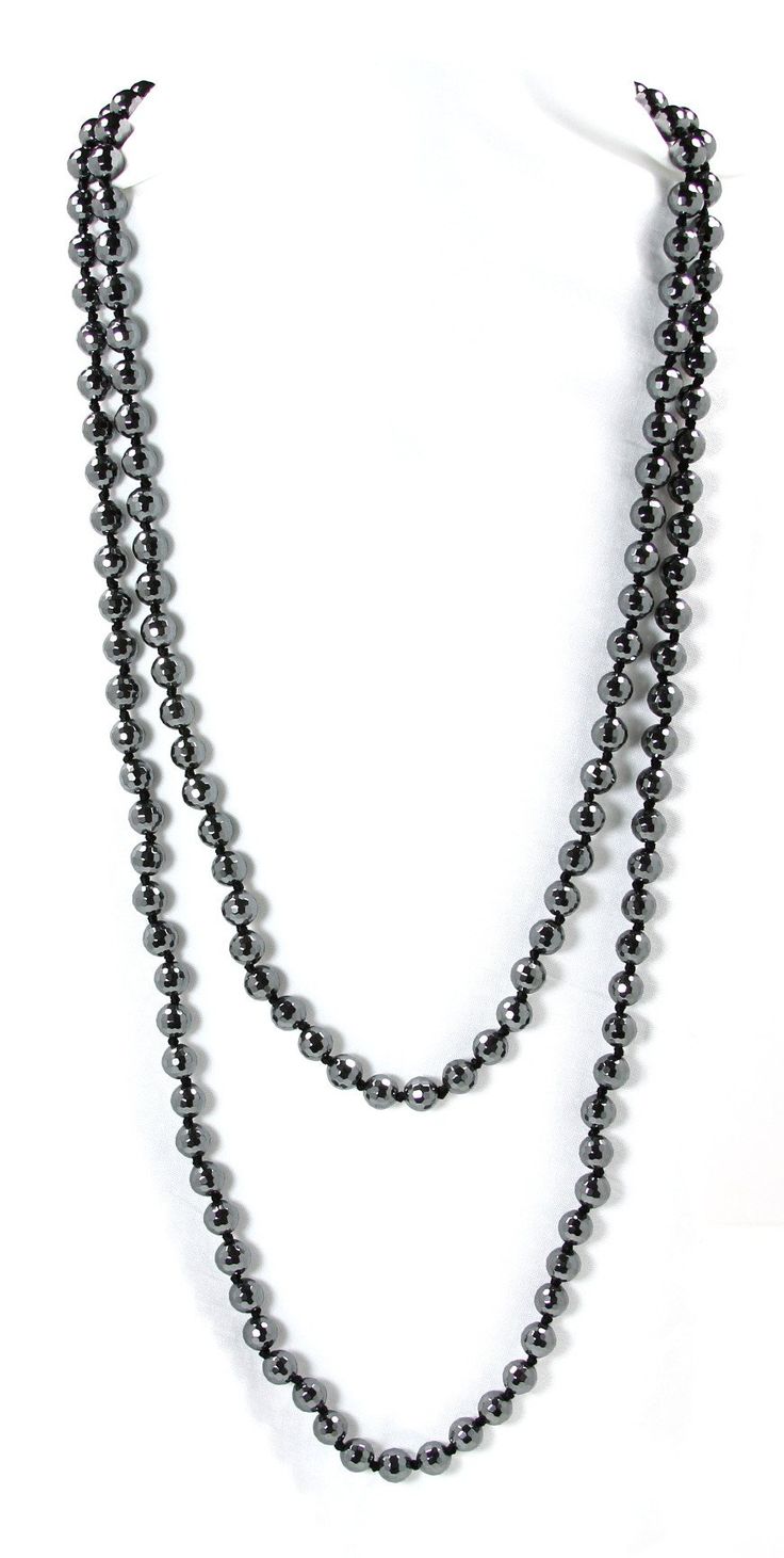 Hematite Facet Cut 8mm stones 56" long knotted in between each stone with black silk thread. You can add on a sterling silver or micro gold plated silver extender to then wear in several different ways. Extender: $30-$50 extra Silver Hematite Necklace With 8mm Beads, Elegant Hematite Beaded Necklaces, Elegant Hematite Round Bead Necklaces, Elegant Hematite Round Bead Necklace, Elegant Long Necklace With 8mm Beads, Elegant Silver Beaded Necklaces Hand-strung, Elegant Silver Hand-strung Beaded Necklaces, Elegant Beaded Hematite Necklace, Elegant Silver Hematite Beaded Necklaces