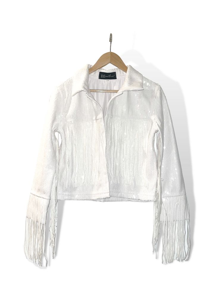 WHITE Sequin Fringe Jacket | Bride to Be Essentials | Bachelorette – BeEverthine White Long Sleeve Party Outerwear, White Fitted Party Outerwear, White Fitted Outerwear For Party, White Party Outerwear For Spring, White Spring Party Outerwear, Spring Party White Outerwear, Sequin Fringe Jacket, Desert Disco, Bachelorette Veil