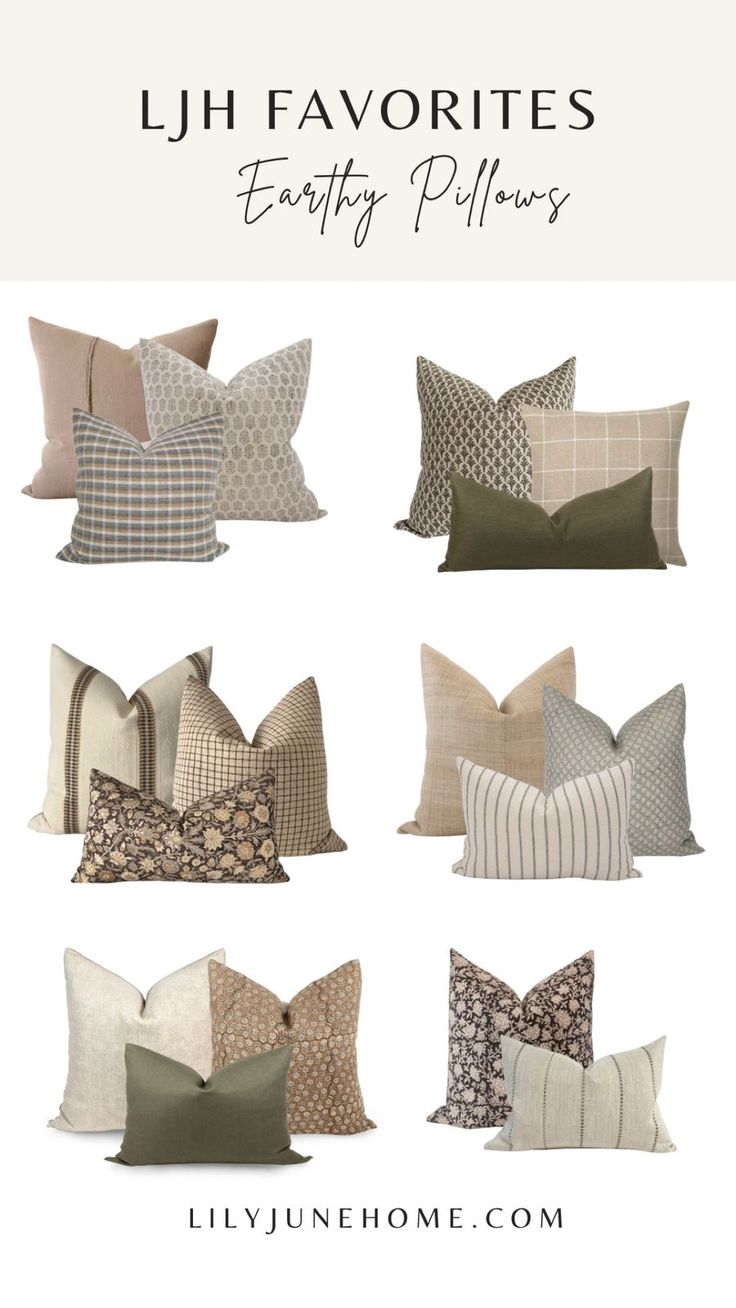 pillows that have different patterns and colors on them, with the words jh favorites