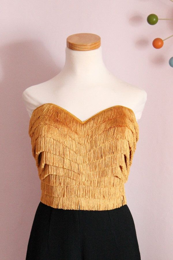 Eva Fringe top by MariaGuyeClothing on Etsy https://www.etsy.com/listing/254391275/eva-fringe-top Fringe Outfit, Mens Slacks, Clothing Art, Gold Fringe, Fringe Top, Eras Tour, Fancy Dresses, Nice Tops, Honeycomb