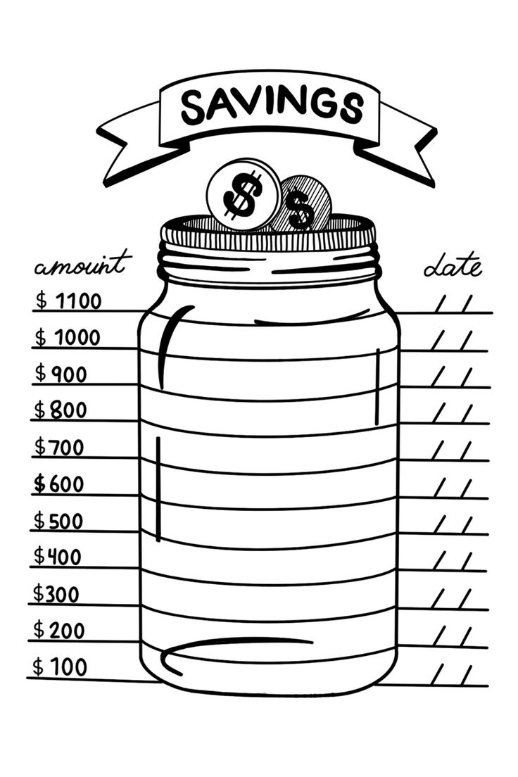 a jar with money in it and labeled savings on the side, as well as an arrow