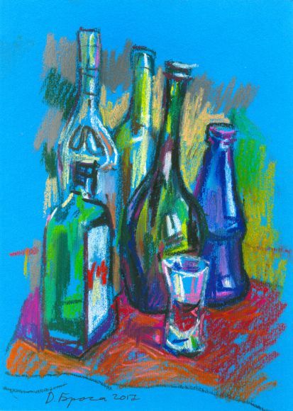 a painting of bottles and a glass on a table