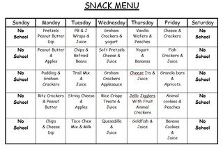 the snack menu for school lunch is shown in black and white, with red writing on it