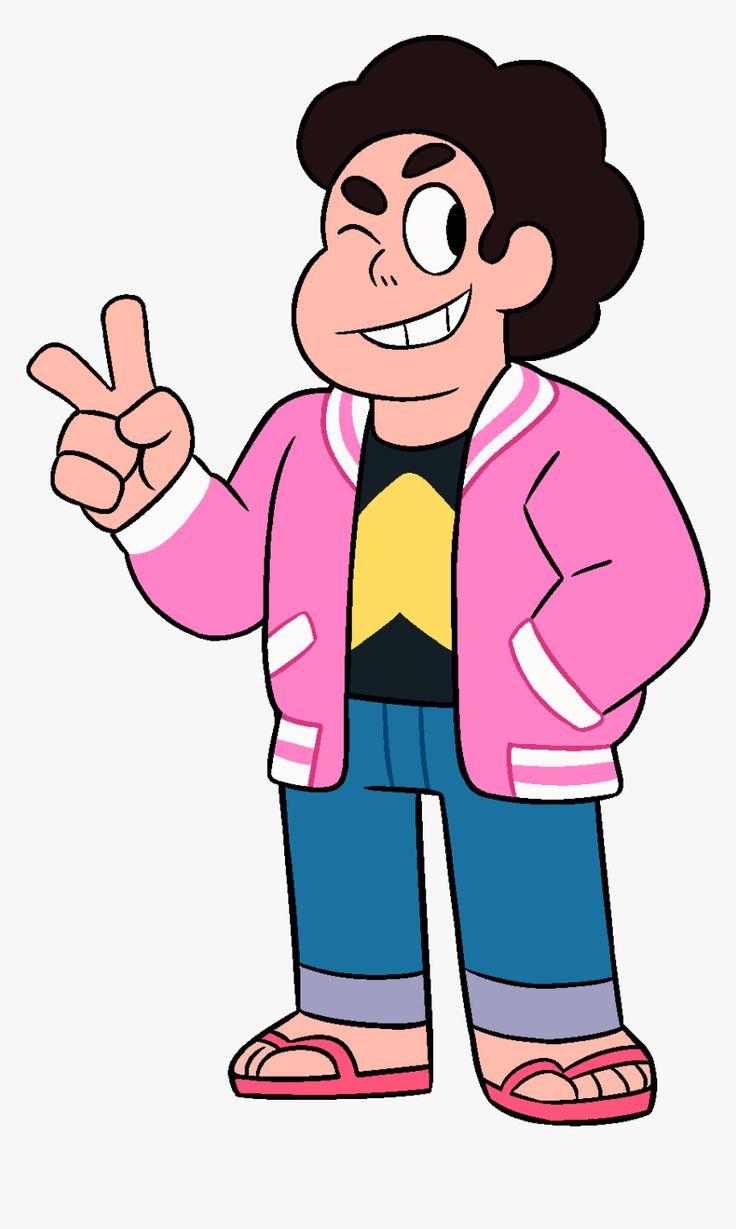 an animated cartoon character giving the peace sign with his hand while wearing blue pants and a pink jacket