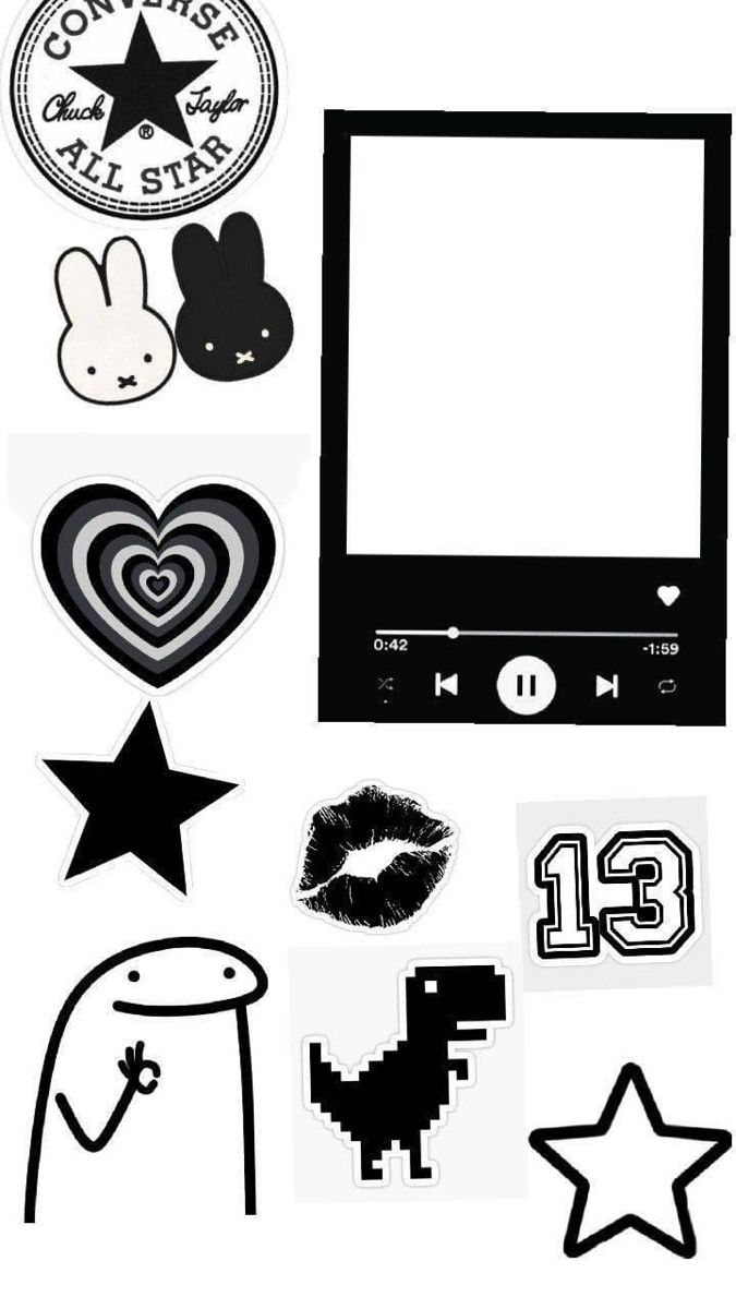 various black and white stickers are arranged on a white background, including an electronic device