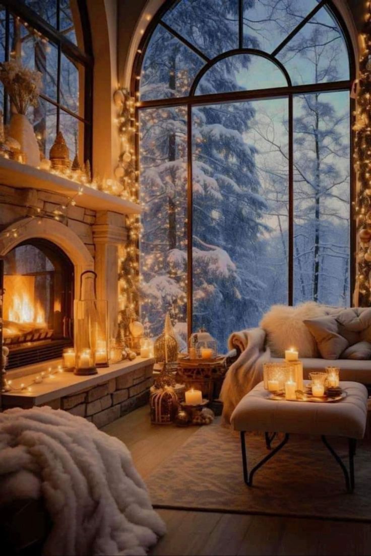 a living room filled with lots of furniture next to a window covered in christmas lights