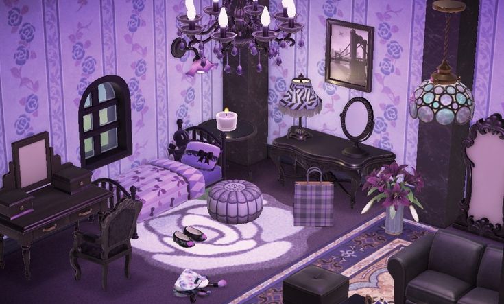 a living room filled with furniture and a chandelier hanging from the ceiling next to a purple wall