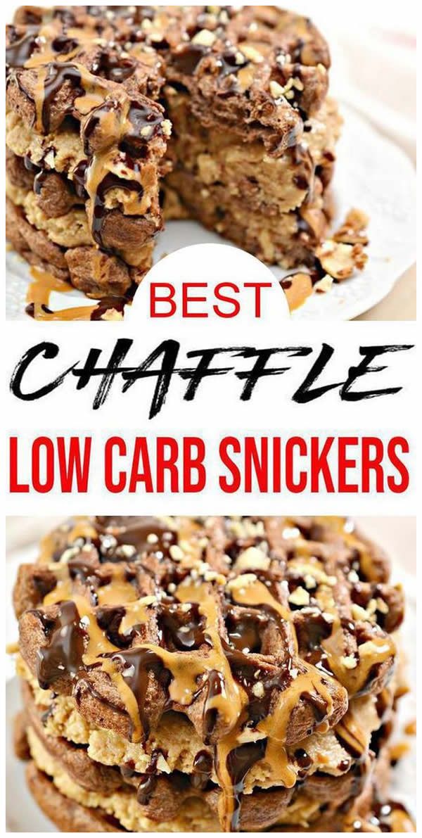 the best chaffle low carb snickkers are made with chocolate chips and caramel drizzle