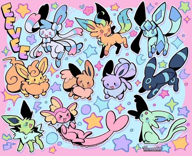 an image of many different pokemons on a blue and pink background, with stars