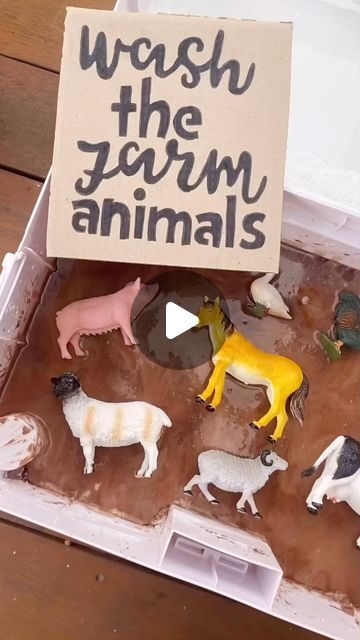 a box filled with plastic farm animals and a sign that says wash the jorn animals