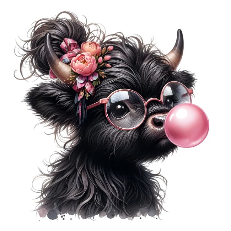 a black dog wearing glasses and a flower in its hair with a bubble gum on it's nose