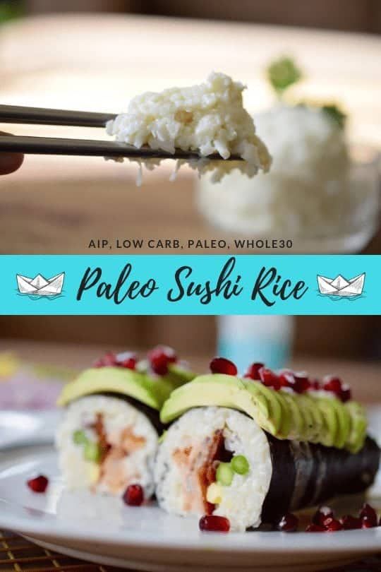 a plate with sushi rice and avocado on it