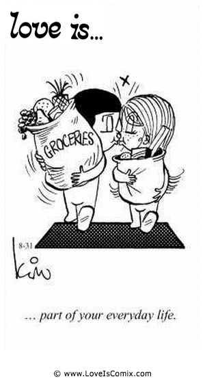 a cartoon drawing of two people standing next to each other with the caption love is