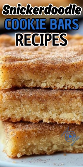 three slices of cookie bars stacked on top of each other with the words, snickker doodle cookie bars recipes