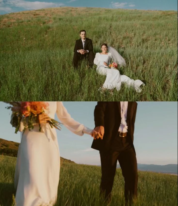 the bride and groom are holding hands while walking through tall grass on their wedding day