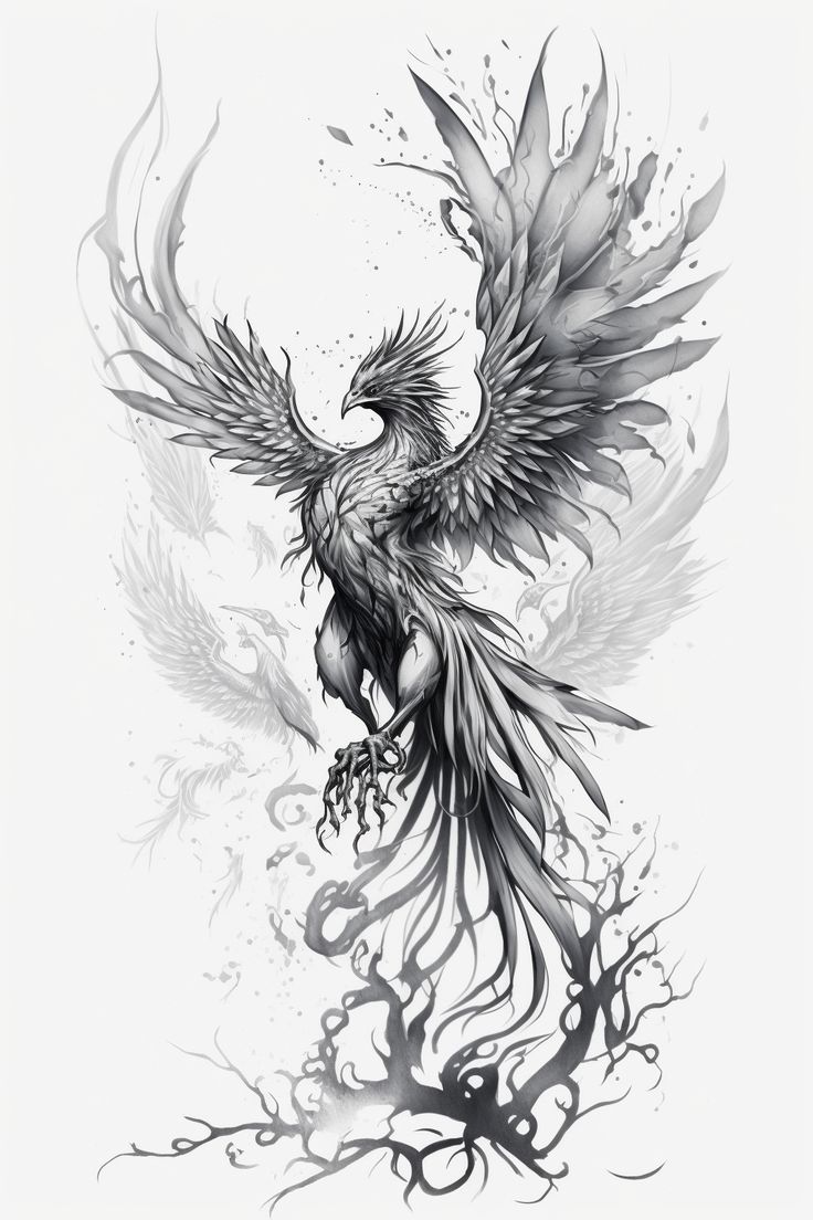 a black and white drawing of a bird with its wings spread out in the air