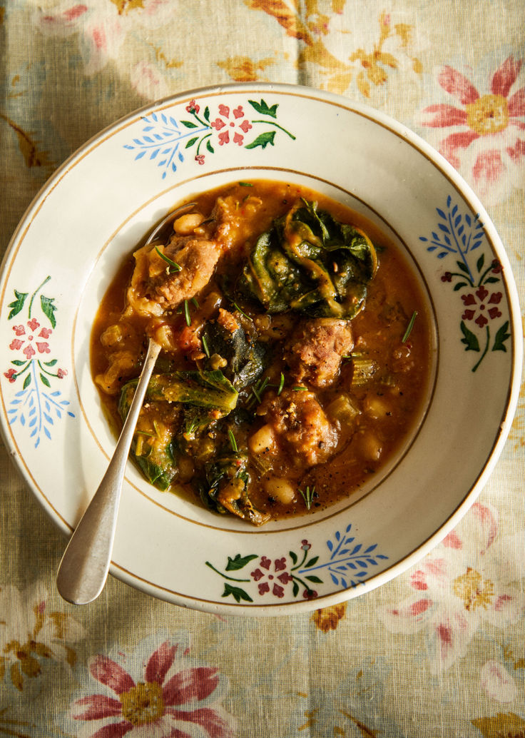 Perfect for the turn of the season, this autumnal stew's rich and soothing broth is packed with rosemary, chilli, and cinnamon. Julius Roberts, Sausage Stew, Bean Stew, Hearty Stews, Stew Recipe, Swiss Chard, Plum Tomatoes, Latest Recipe, Inspired Recipes