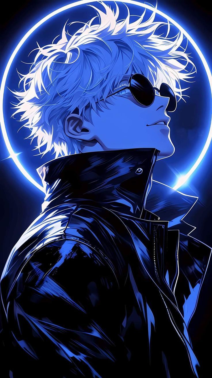 a man wearing sunglasses and a black jacket in front of a blue circle with the moon behind him