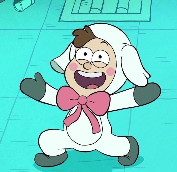 an animated character with a pink bow tie running on the floor in front of a blue background