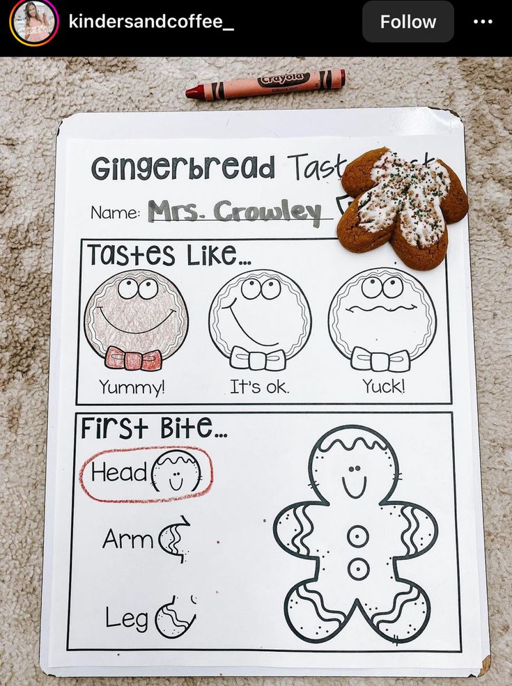 the gingerbread task worksheet is displayed with markers and crayons