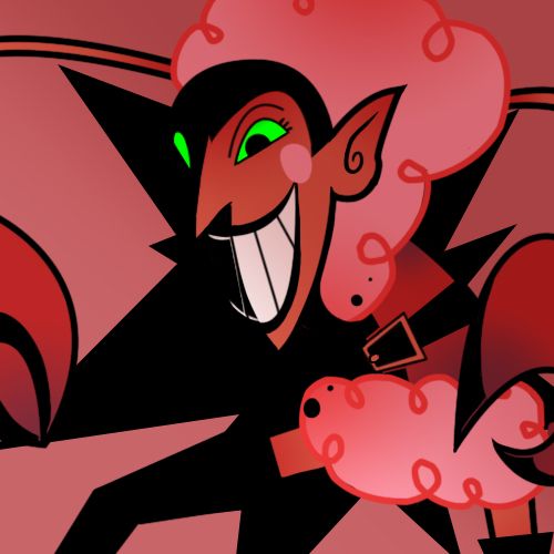 a cartoon character with green eyes and an evil grin on his face, holding a red heart