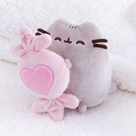 two stuffed animals sitting next to each other on a white blanket with one holding a pink heart