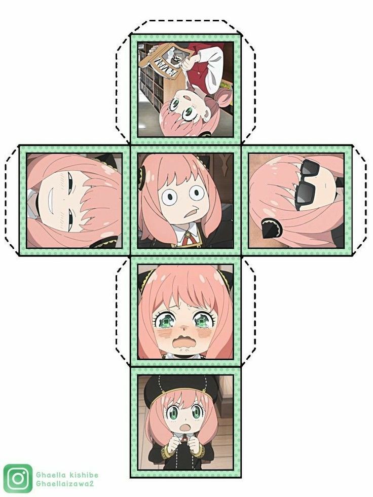 four different pictures of anime characters with pink hair and green eyes, one is in the middle