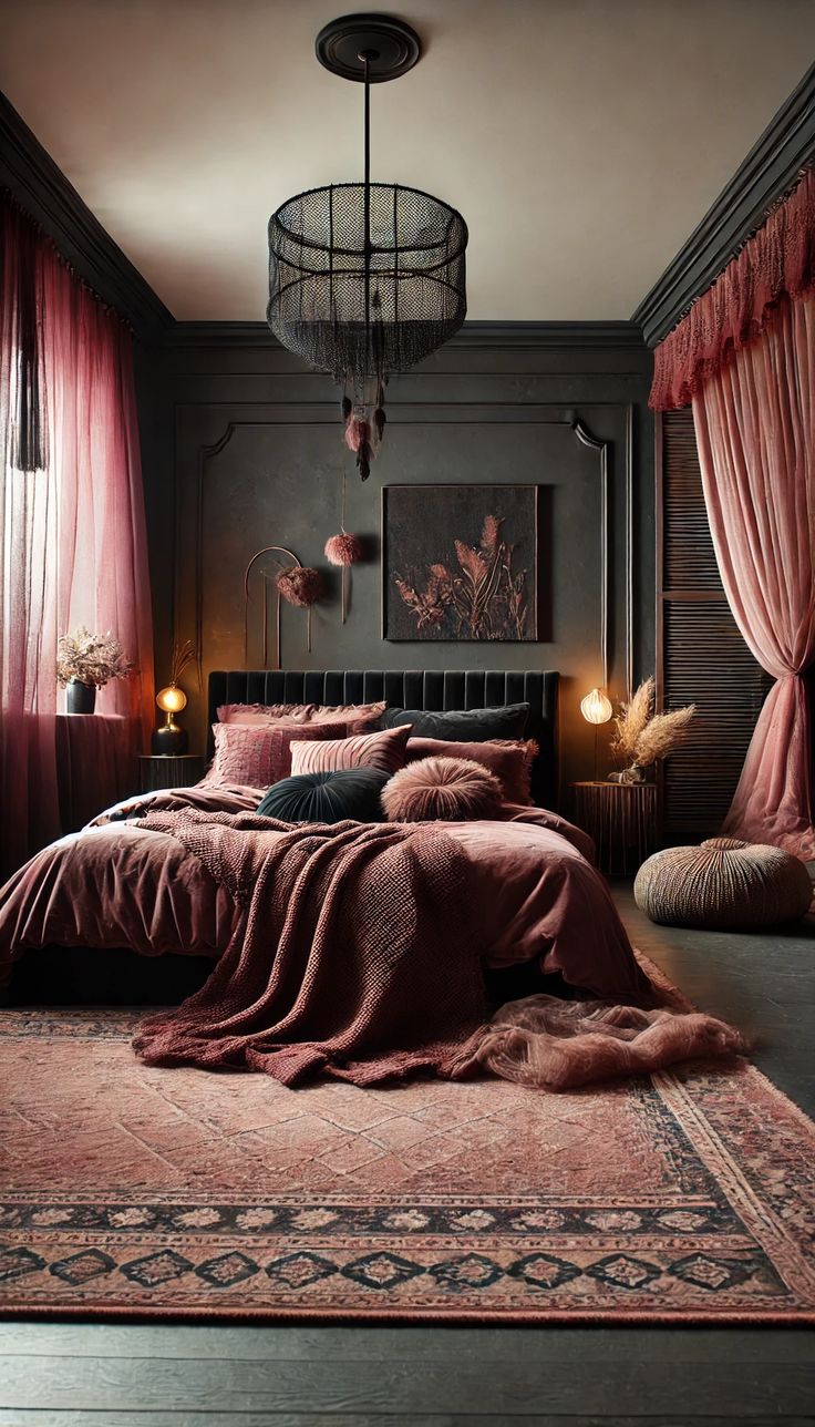 a bed room with a neatly made bed and pink drapes hanging from the ceiling