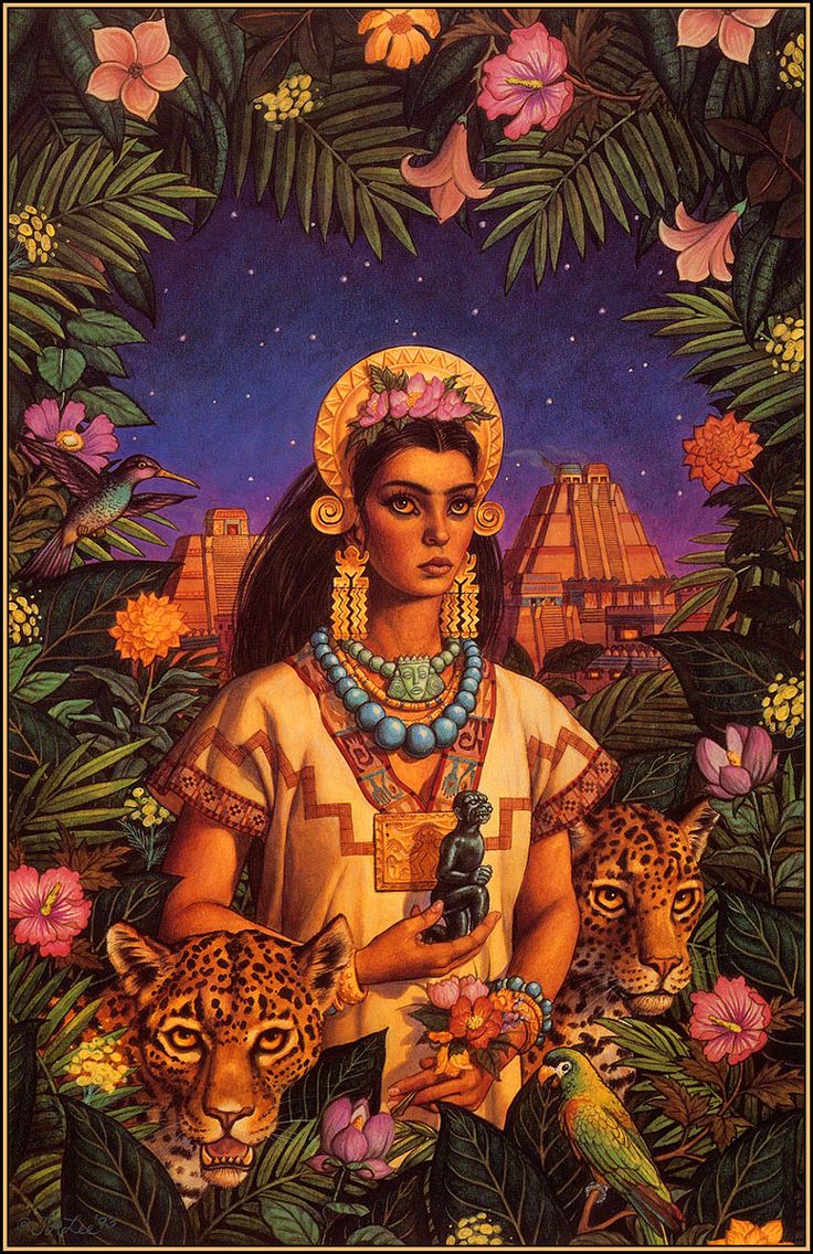 a painting of a woman surrounded by leopards and flowers in front of a night sky