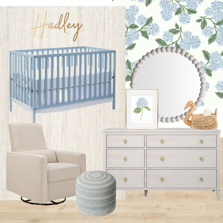 a baby's nursery room with blue and white furniture, flowers on the wall