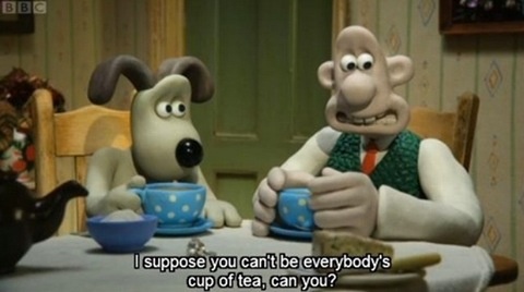 two cartoon characters sitting at a table with tea cups in front of them, one is talking to the other