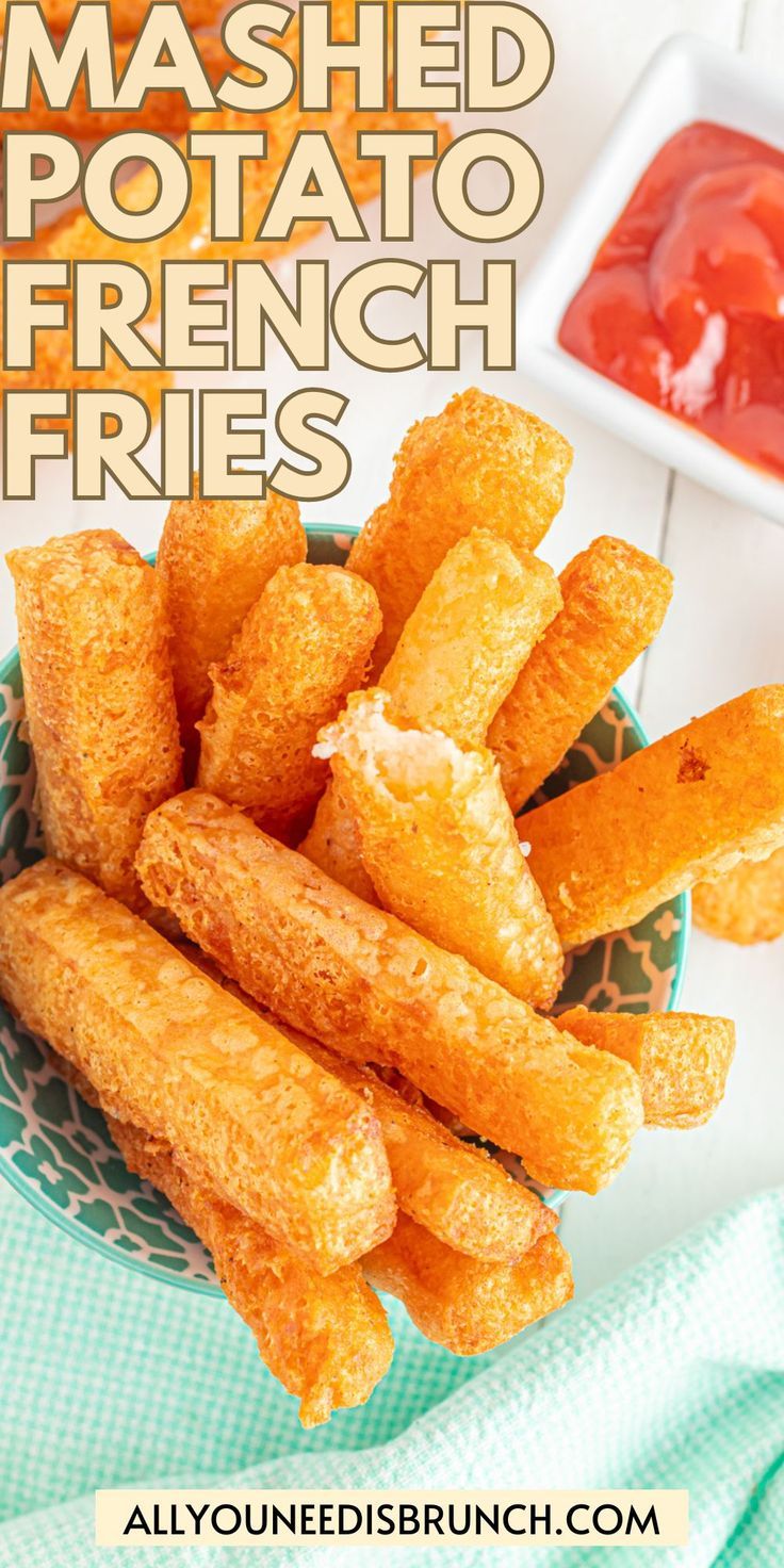 Overhead shot of bowlful of golden, crispy-on-the-outside, soft-on-the-inside mashed potato French fries. Fair Fries Recipe, Better Than French Fries Potatoes, Malt Vinegar Fries, Best Potatoes For French Fries, Potato Noche Recipe, Deep Fried Breakfast Ideas, Mash Potato Fries, Stuffed French Fries, Mashed Potato French Fries Recipe