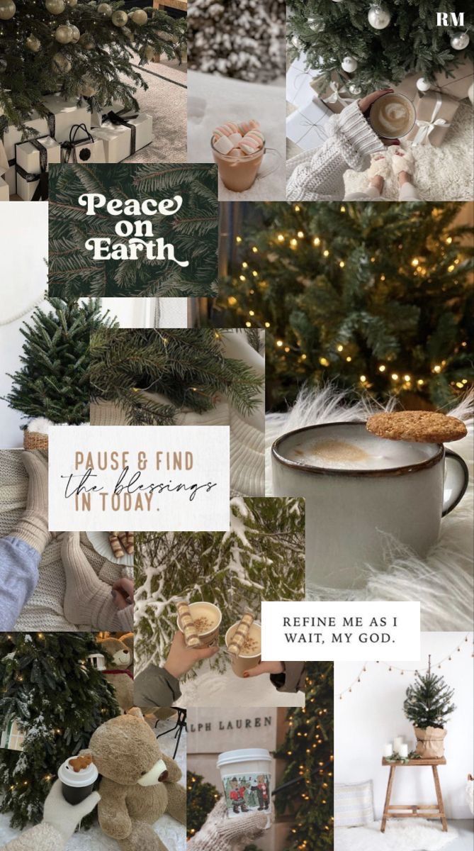 a collage of photos with christmas trees and teddy bears in the background, including coffee mugs