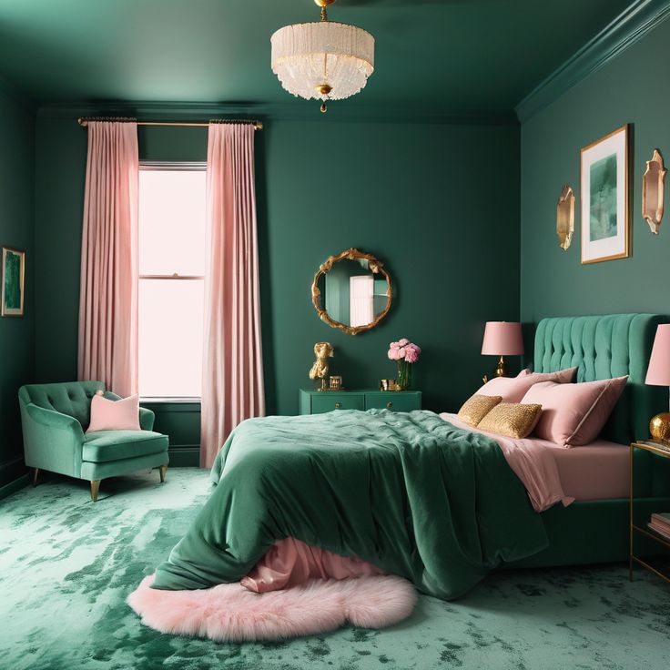 a bedroom decorated in green and pink with a bed, chair, mirror and window