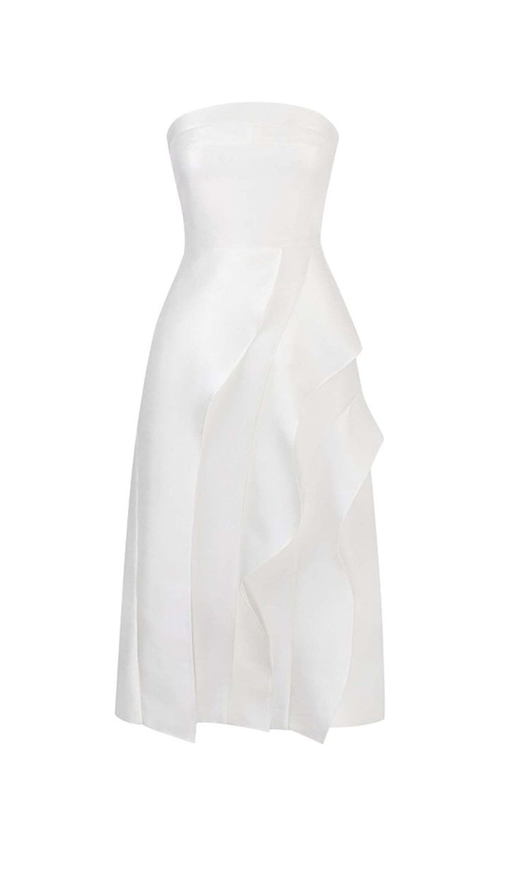 BANDEAU RUFFLES MIDI DRESS IN WHITE White Midi-length Elegant Ruffle Dress, Elegant White Ruffle Dress, White Midi Dress With Ruffles, White Tiered Ruffle Dress For Wedding, White Elegant Ruffle Dress For Formal Occasions, Elegant White Ruffle Dress For Formal Occasions, Elegant Strapless Ruffle Dress, Elegant Strapless Dress With Ruffles And Sweetheart Neckline, Strapless Midi Dress With Ruffled Fitted Bodice