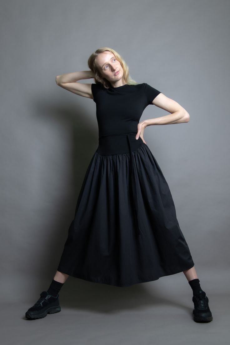 Rachel Mills Mini Tee Maxi Dress - Black on Garmentory Gathered Long Skirt Dress For Work, Long Skirt Dress With Gathered Detail For Workwear, Dress With Pleated Waist, Voluminous Tiered Skirt, Black Ruched Dress With Tiered Skirt, Black Tiered Skirt Dress With Ruched Detail, Cotton Dress With Pleated Waist And Voluminous Skirt, Gathered Skirt Dress For Work With Loose Fit, Relaxed Fit Gathered Skirt Dress For Work, Fitted Full Skirt With Ruched Details