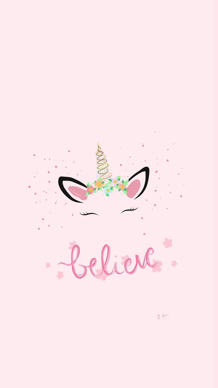 a pink background with an unicorn's face and the word believe written in it