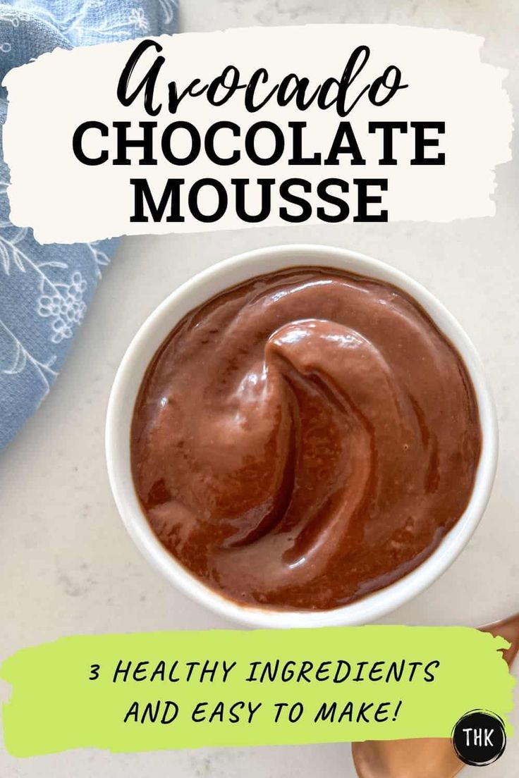 chocolate mousse in a white bowl with text overlay that reads, giveaway chocolate mousse 3 healthy ingredients and easy to make