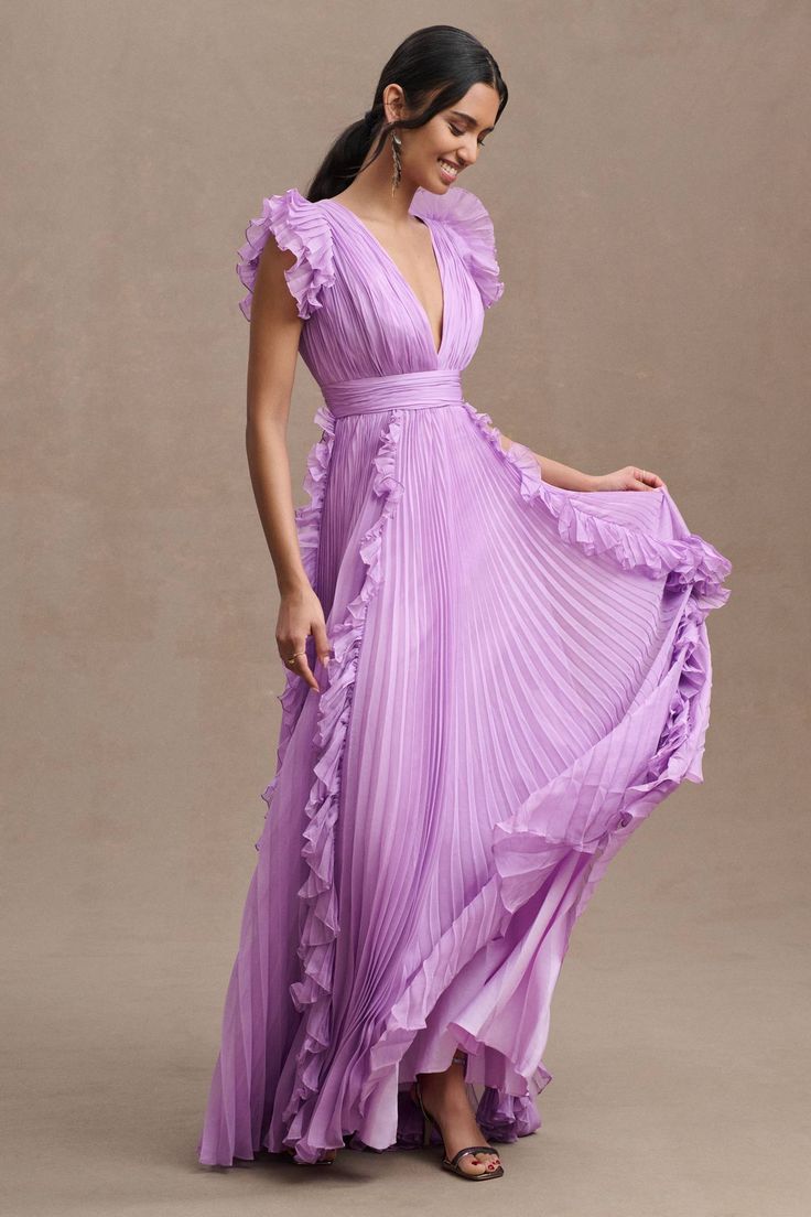 Mac Duggal Pleated Flutter-Sleeve Deep-V Empire-Waist Gown | Anthropologie Ladies In Lavender, Empire Waist Gown, Summer Wedding Guest Dress, Charmeuse Dress, Black Tie Wedding Guests, Wedding Guest Attire, Video Tiktok, Summer Wedding Guest, Guest Attire