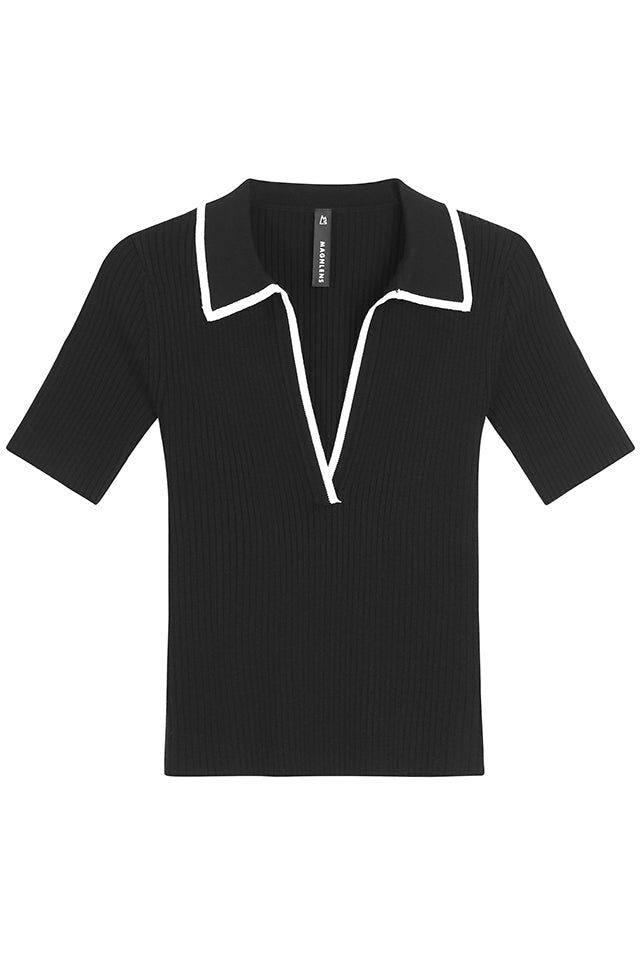 Discover the perfect blend of style and comfort with our Alice Rib Polo Shirt. Crafted with ribbed fabric and contrast tipping on the collar and front placket, this shirt offers a timeless look and a flattering fit. Elevate your wardrobe with this versatile piece. 69% Tencel 29% Polyester 2% Spandex Models are 5'8" and wearing a size small Black Polo Tops With Contrast Collar, Black Tops With Contrast Trim Collar, Polo Collar Top With Contrast Trim For Work, V-neck Tops With Striped Collar For Work, Workwear Polo Collar Top With Contrast Trim, Workwear Top With Polo Collar And Contrast Trim, V-neck Workwear Tops With Striped Collar, Chic Tops With Contrast Collar, Black Polo Collar Top With Contrast Trim