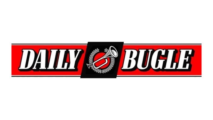 the daily bugle logo is shown in red and black, with an arrow on it