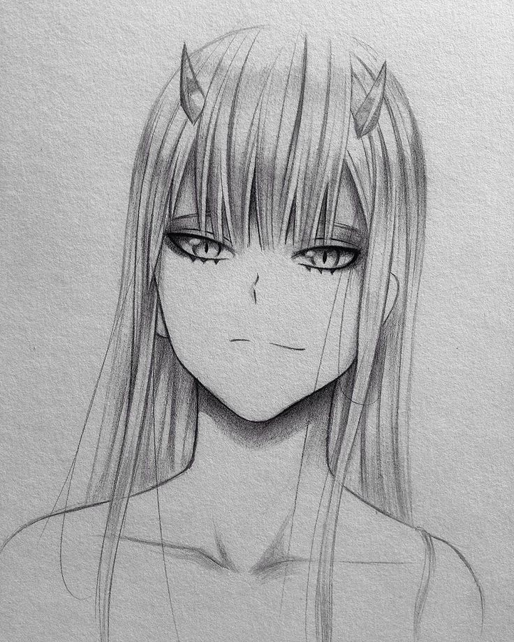 a drawing of a girl with long hair and horns on her head, staring at the camera