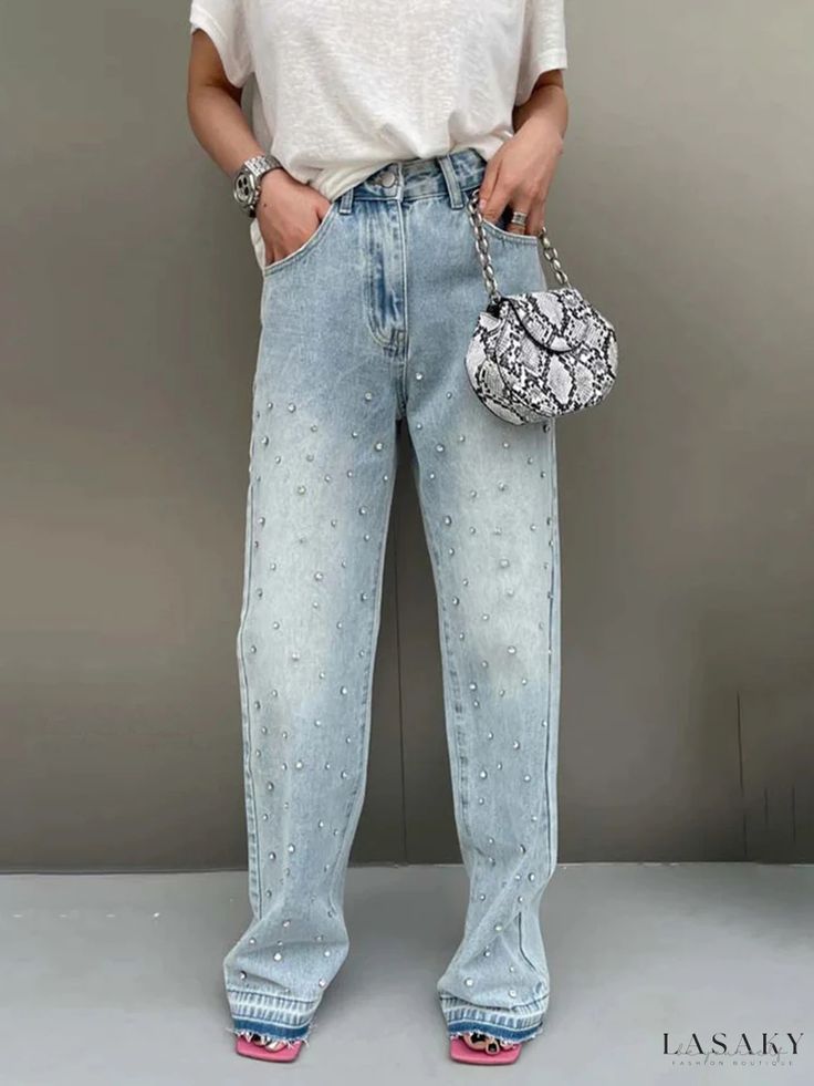 Lasaky - Stylish Retro High-Waisted Button-Front Pearl Embellished Gradient Trousers Korean Fashion Jeans, Denim Decor, Streetwear Jeans, Heavy Industry, Jeans Wide, Fashion Jeans, Jeans For Women, High Waisted Jeans, Ankle Length Pants